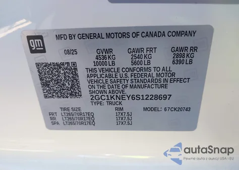 2025 Chevrolet Silverado 2500Hd 4Wd Standard Bed Lt z USA, uszkodzony, nr VIN 2GC1KNEY6S1228697